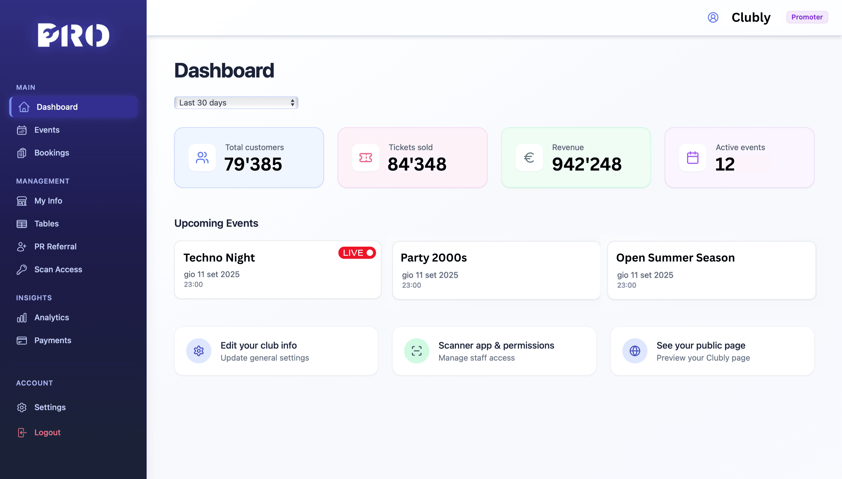 Clubly Pro – Dashboard Overview